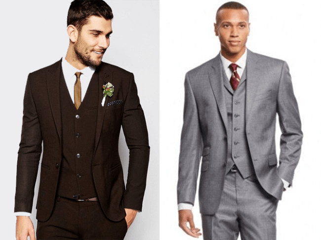 dark brown suit or medium gray suit
