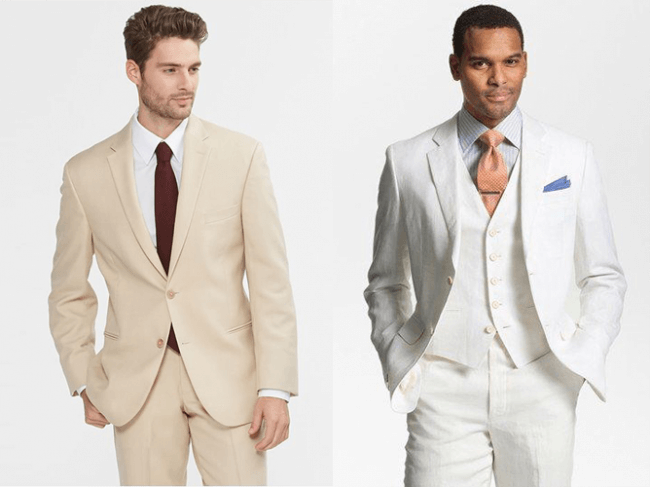 light brown or tan khaki suit vs white suit