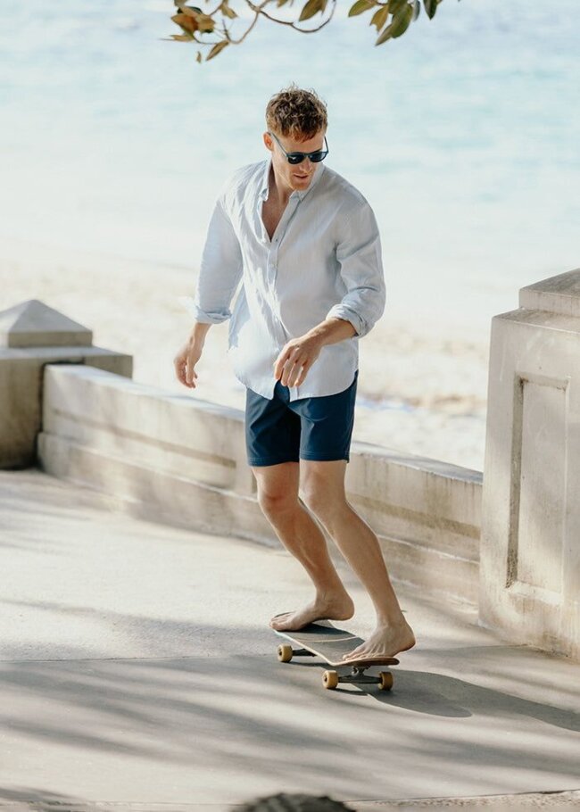A unique look with board shorts.