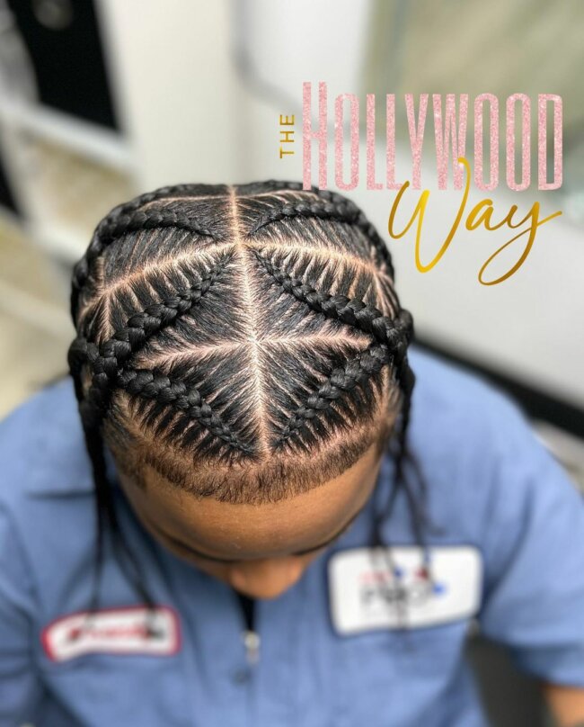 A sleek look with a braided mid part. 