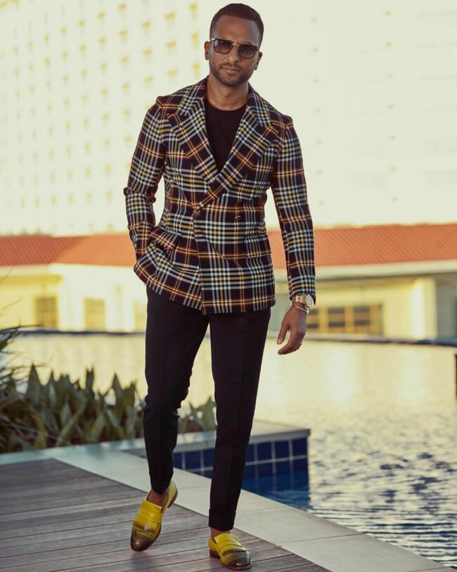 A visually interesting look with a patterned blazer. 