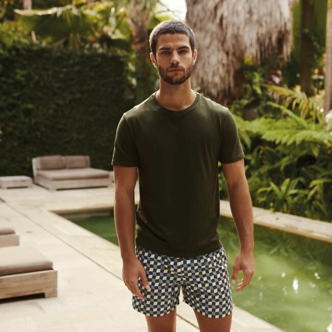 A stylish look with patterned trunks and tee.