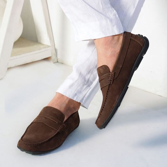 A bold look with suede loafers. 