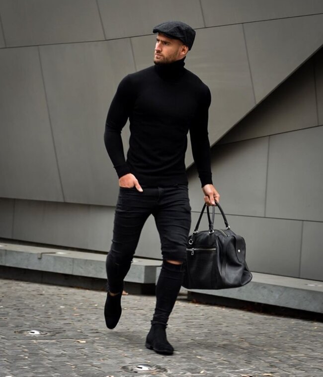 A modern look with a black turtleneck.