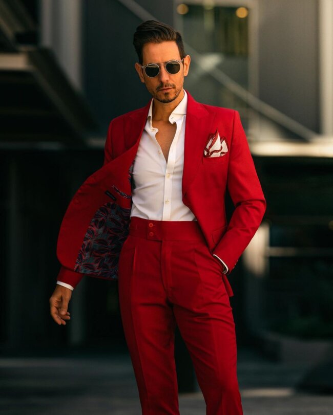 A refined look with a bright-colored suit. 
