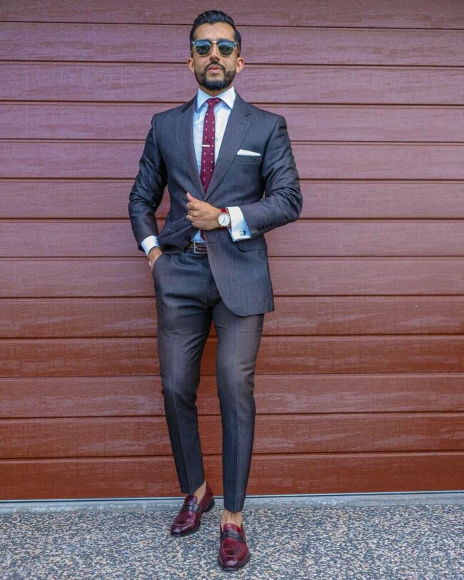 A polished look with charcoal suit.