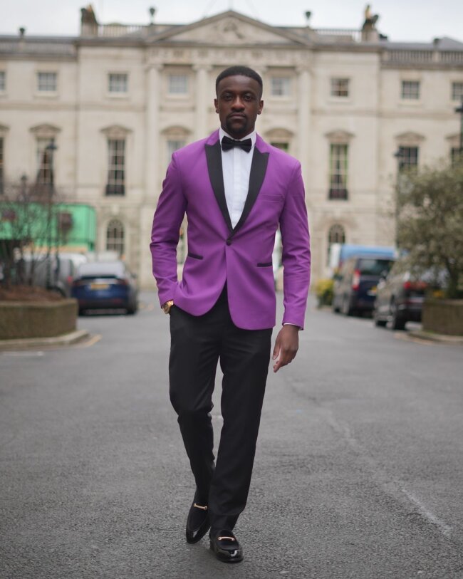 A cool look with a colored tuxedo. 