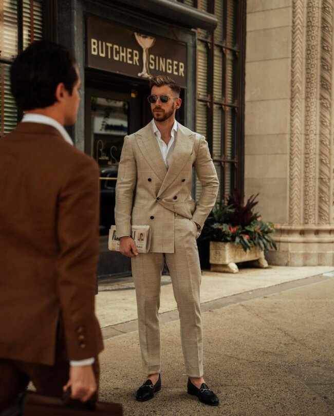 A contemporary look with a double breasted suit.