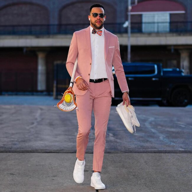 A polished look with a pastel suit.