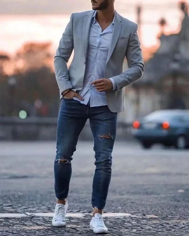 A polished look with gray blazer. 
