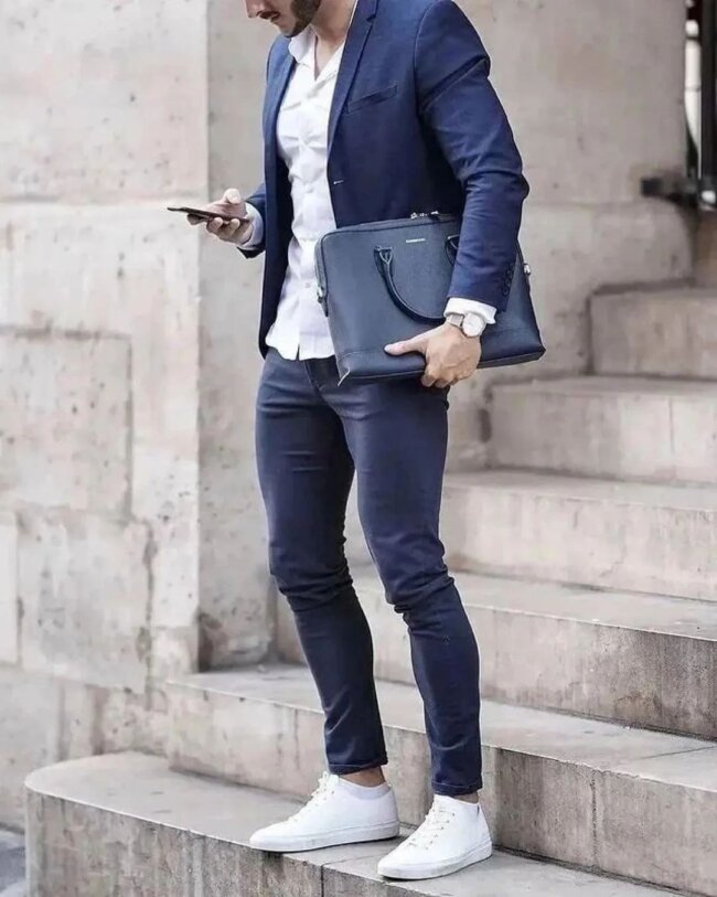 A refined look with slim fit jeans and fitted blazer. 