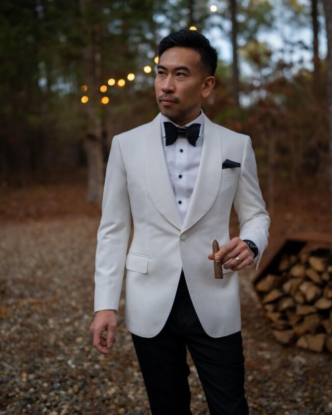 A polished look with a white dinner jacket. 