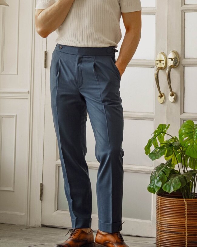 A bold look with wool dress pants. 