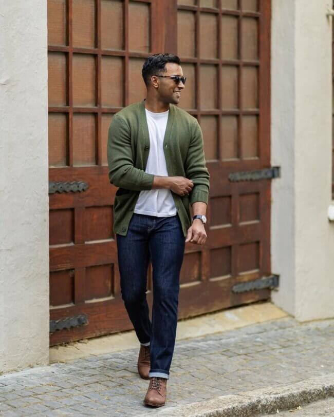 A bold look with a cardigan and tee.