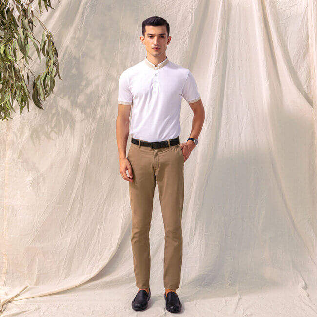 A classic look with a polo shirt and khaki. 