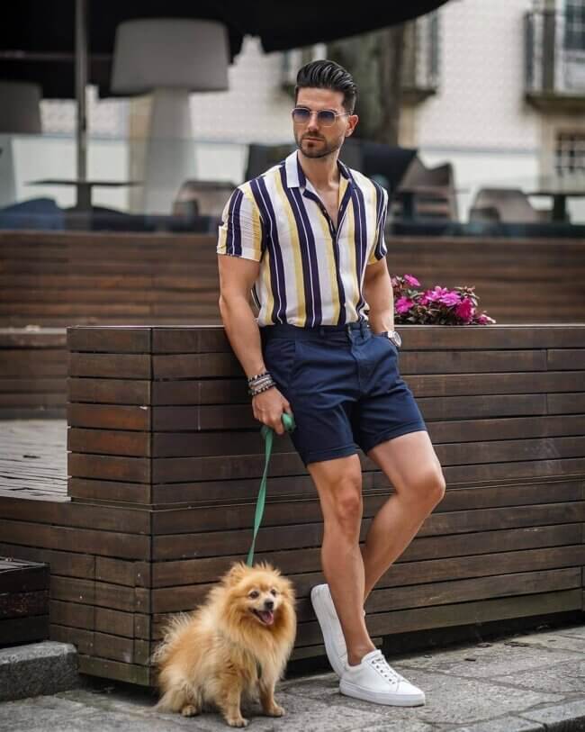 A bold look with a striped shirt and shorts. 